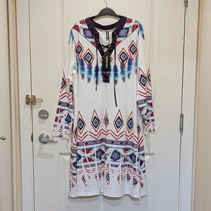 NWT Noracora XXL Geometric Feather Print Lace Up Collar Tunic Dress